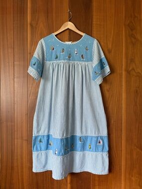 Vintage Blue Striped Sailboat Embroidered Cotton Dress